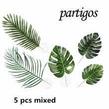 Load image into Gallery viewer, 5pcs Fake leaves Green Plastic Artificial leaf Palm leaves Island Style DIY Wedding Decoration Green Plant Photo props Party dec